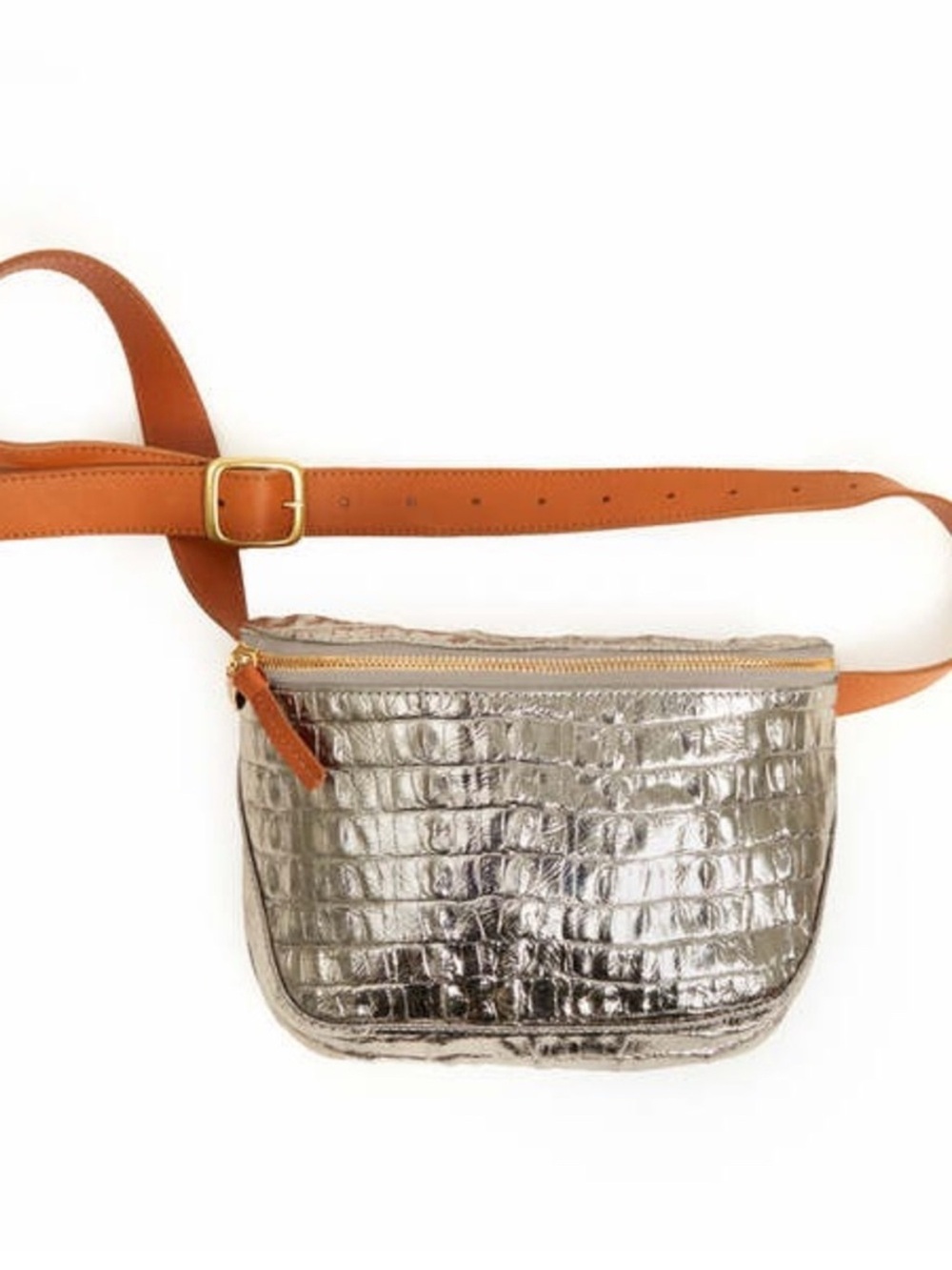 Clare V. Metallic Leather Croc-Embossed Crossbody Belt Bag with Tan Strap